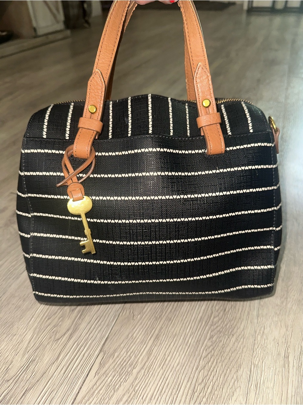 Fossil White Heart Striped Black Satchel Bag Purse
